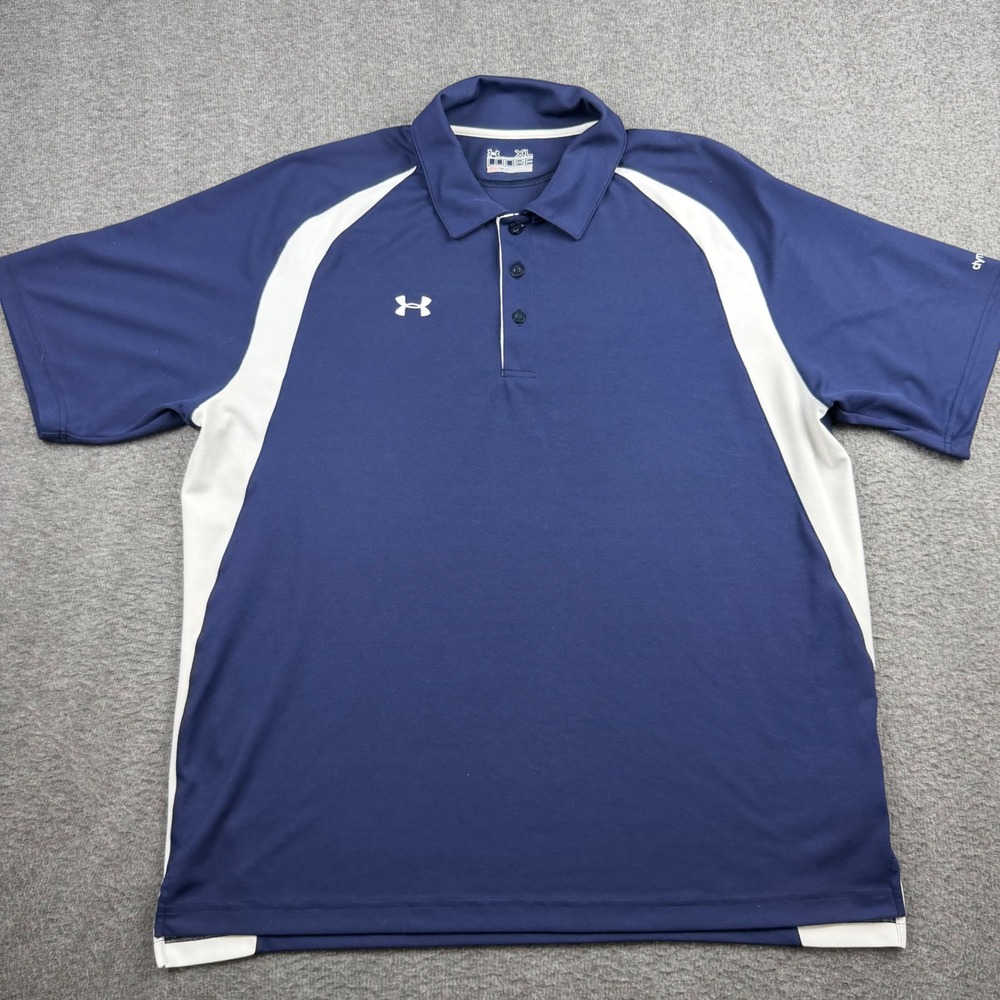 Under Armour Mens XL HeatGear Loose Fit Polo Shirt Navy Blue White Colorblock‎